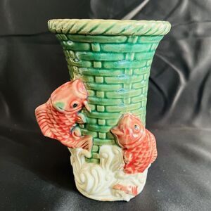 Vintage Majolica Koi Fish Double Two Fish Clay Vase Green Coral Beige 6“ NICE